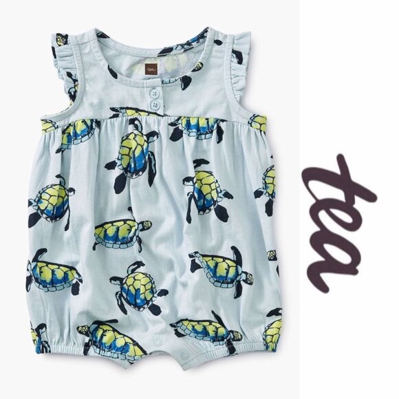 Tea Collection | Blue Sea Turtle Printed Henley Romper | Size 3-6 Months - Picture 1 of 9